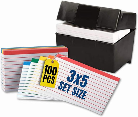 1InTheOffice Index Card Holder 3x5, & 100 pcs Index Cards Ruled Color Coded Assorted Color, Index Cards Storage Box 3x5 (Combo)