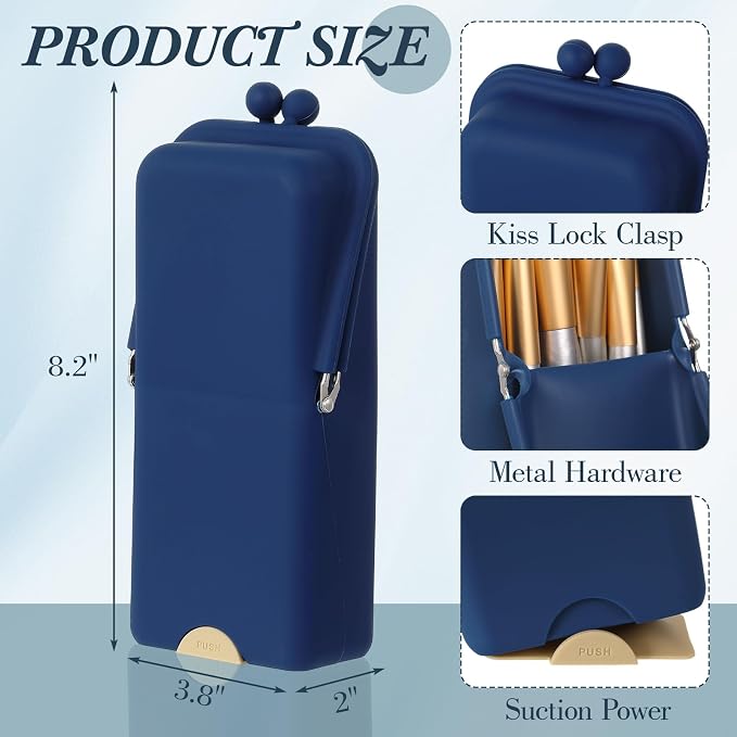 Kacctyen Makeup Brush Case Silicone Standing Makeup Brush Holder,Navy | Silicone Make up Travel Bag with Suction Portable Cosmetic Organizer Phone Stand Pouch for Travel Home Back to School Use