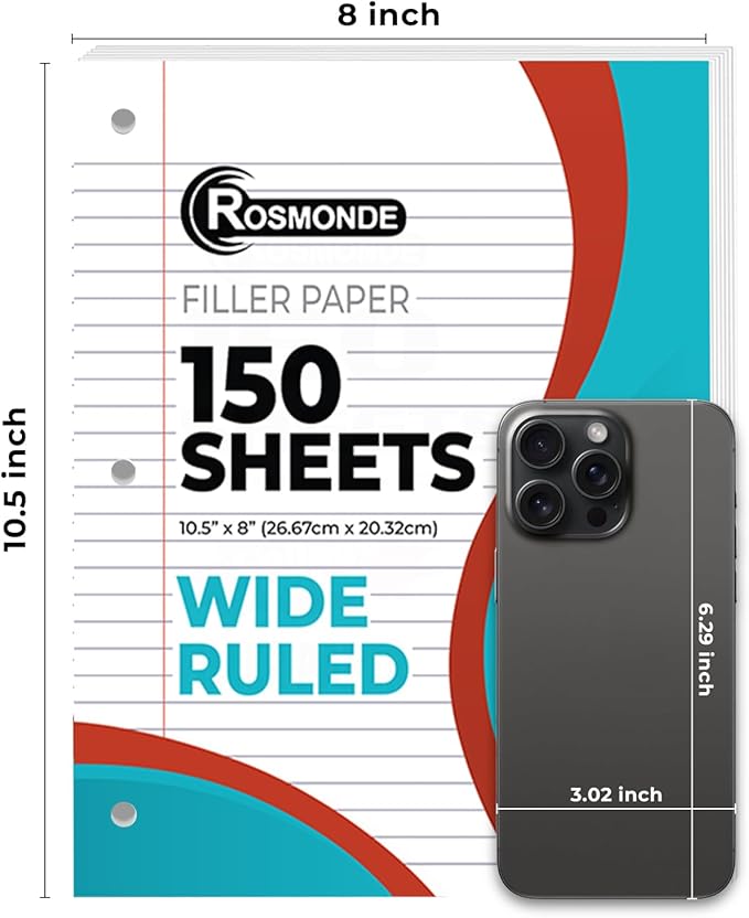 Rosmonde 1152 Pack (Pallet) Loose Leaf Paper Bulk, 172800 Sheets, Wide Ruled, Pallet of Filler Paper, 150 Sheets/Pack, 8 x 10.5", 3 Hole Punched, Thick Filler Paper, School & Office, 4-7 Days Transit