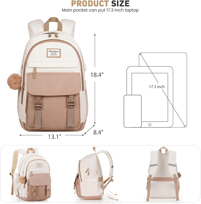 WINDARS School Backpack for Teen Girls, Cute College Backpacks for Women Students Aesthetic Bookbag Large 17.3 Inch Laptop Bag Middle School Travel Back Pack (Khaki Beige)
