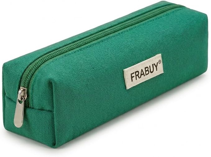 Cotton Canvas Pencil Case & Pen Pouch - Small Stationery Bag Green | Thick canvas pouch organizer with smooth alloy zipper. Cute cosmetics make up holder for school girls and boys.
