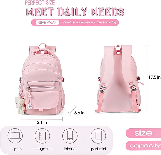 PRLINJSK Girls Backpack for College High Middle School Student, Cute Aesthetic Bookbag for Teens Women with Accessories,Pink