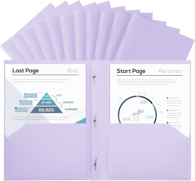 SUIN Plastic Project-Folder with 2 Pockets and 3-Prong Fasteners, for US Letter Size, Bulk Pack Color File-Folder for US Letter Size Papers, Ideal for School & Office, (Pastel Purple)