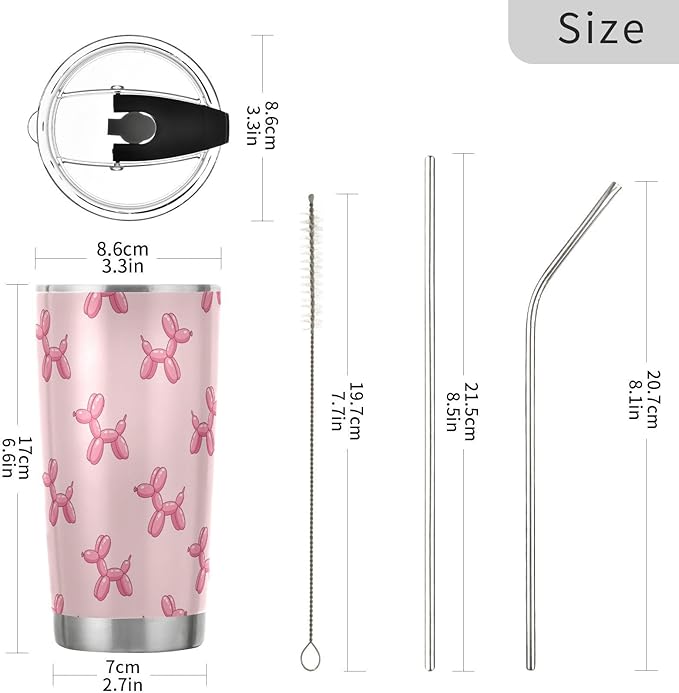 Balloon Dogs Pink 20oz Tumbler with Lid and Straw Travel Coffee Cup Mug Insulated Tumblers Drinking Mugs Water Bottle Cups Stainless Steel Cup Tea Mug
