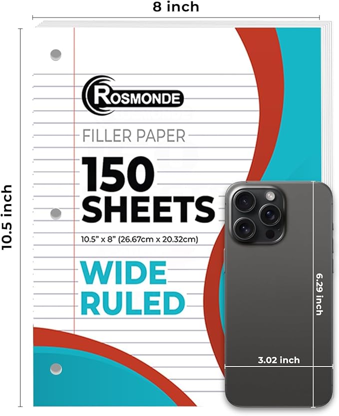 Rosmonde Loose Leaf Paper, 3600 Sheets Bulk, Wide Ruled Filler Paper, 8 x 10.5 Inch, 150 Sheets/Pack, 3 Hole Punched Binder Paper, 24 Pack, Bulk Notebook Paper for School, College & Office Use