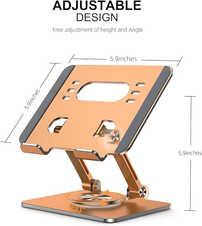 Orlian Tablet Stand Holder with Thickened 360°Rotating Base Dual Rod Adjustable Aluminum Stand for All 5.8-12.9” iPad Samsung Phone Tablet Kindle E-Reader and More, Rose