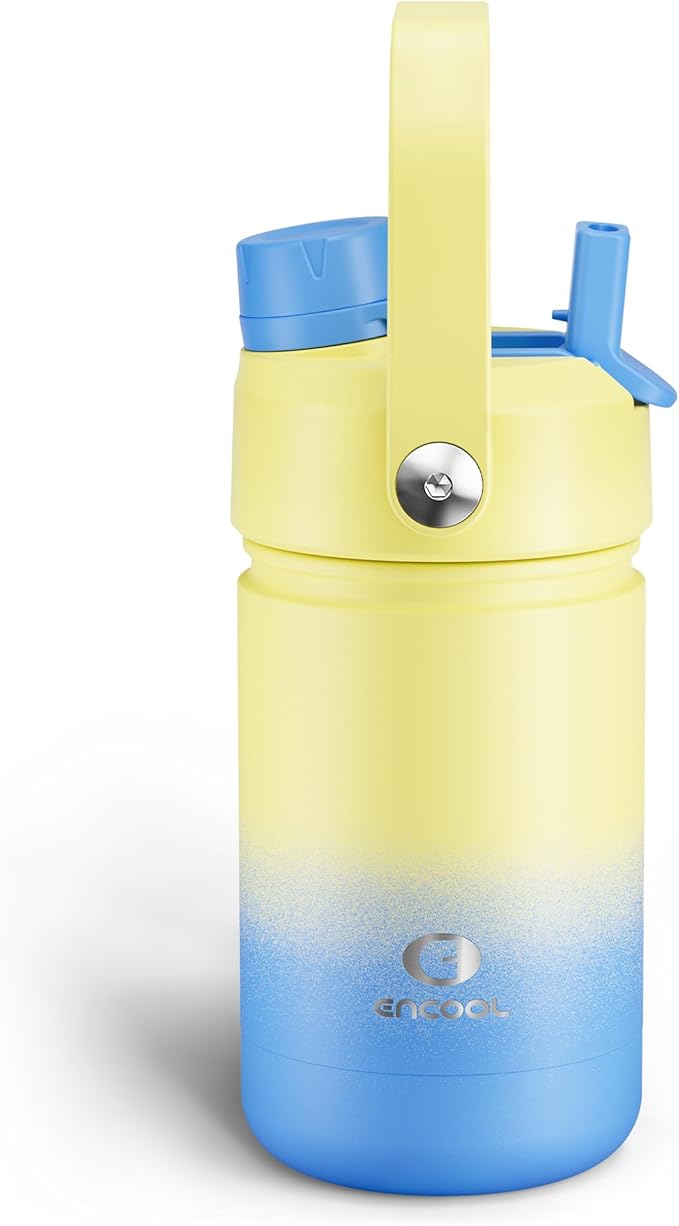 Kids Insulated Water Bottle with Straw - 12oz Stainless Steel Water Bottle with Dual Spouts, Leak-Proof, BPA-Free, Double Wall Vacuum Keeps Cold for 24 Hours for Sports, Travel, School (Soft Lagoon)