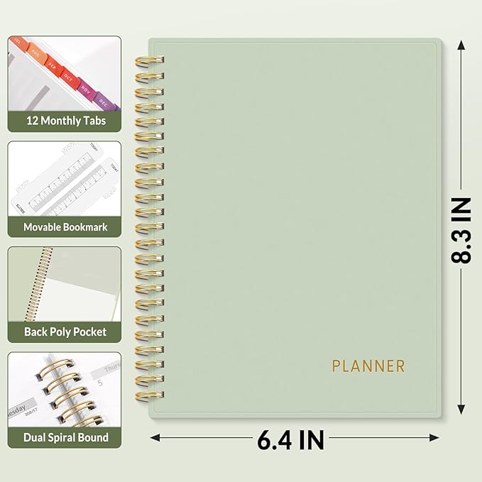 SUNEE Academic Planner 2026-2027 – Weekly & Monthly Planner, July 2026 to June 2027, 6.4"x8.3", Thick Paper, Tabs, Pockets, Bookmark, Spiral-Bound, Student Teacher Organizer, Sage Green