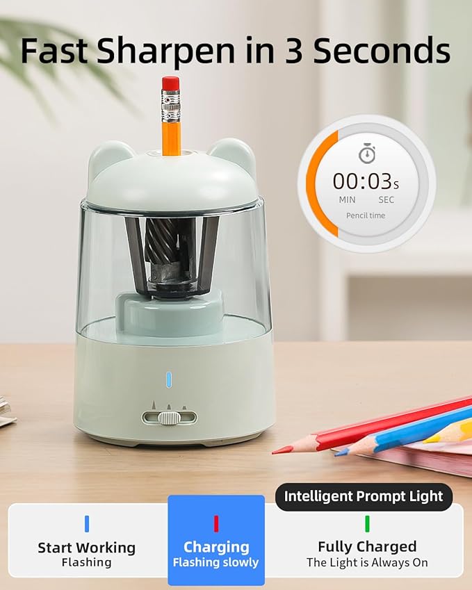 ZMOL Colored Pencil Sharpener, Rechargeable Electric Pencil Sharpener, Auto Stop, Pencil Sharpeners for Battery Powered Cute for Kids Gift No.2/Colored Pencils (6-8mm), Classroom/Office/Home Blue