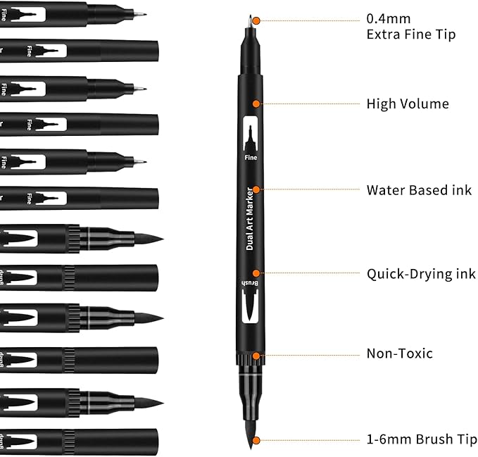 Black Drawing Pens, 12 Pack Felt Tip Markers for Adults and Kids, Dual Tip Brush Fineliners Pens for Art Drawing Sketching