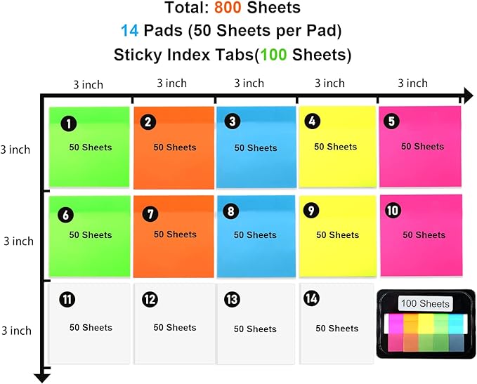800 Sheets Transparent Sticky Notes, 3x3 Inch 14 Pads Self-Adhesive Translucent Clear See Through Post Sticky Notes for Planner Office School College Teacher Student Supplies 6 Bright Color