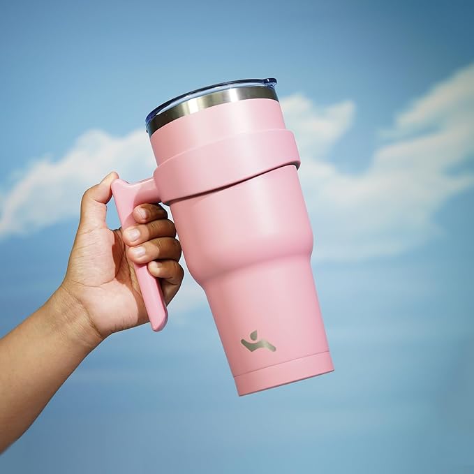 Konokyo 40 oz Tumbler with Handle and 2 Straw 2 Lid, Insulated Water Bottle Stainless Steel Vacuum Cup Reusable Travel Mug, Light Pink