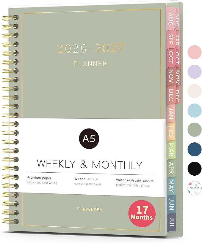 Aug 2026 - Dec 2027 Planner, Forvencer 17 Month Academic Planner 2026-2027, 6.3" x 8.4", Calendar Planner Weekly and Monthly, Daily Agenda Book, College School Supplies for Student Teacher, A5, Green