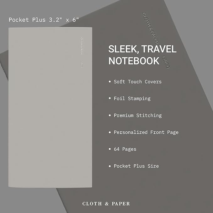 Cloth & Paper Travel Notebook | Lined Notes – Ash | Pocket Plus Lined Journal 3.2" x 6" | Writing Notebook, Journaling, Lists, Planning, Study Notes & Organized Writing – Soft Touch Cover