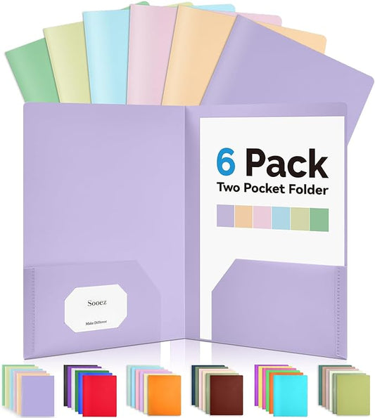 Sooez 6Pack Folders with Pockets, Pastels Colors, Heavy Duty Pocket Folder, Plastic Folders with Pockets, 2-Pocket Folder Bulk, Aesthetic File Folder, Back to School Office Filing Supplies