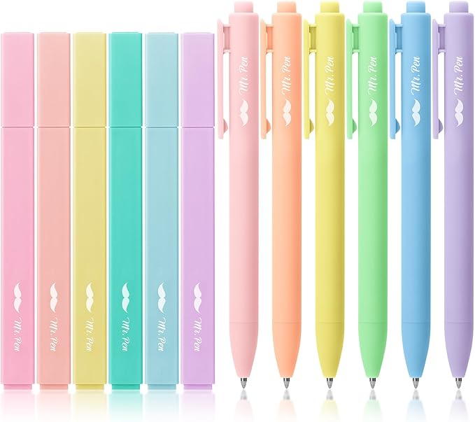 Mr. Pen- Aesthetic Highlighters and Gel Pens, 12 Pack, Pastel Colors Bible Highlighters No Bleed, Fine Point 0.7mm Gel Pens, Fast Dry and No Smear for Bible Journaling, Planner, School Supplies