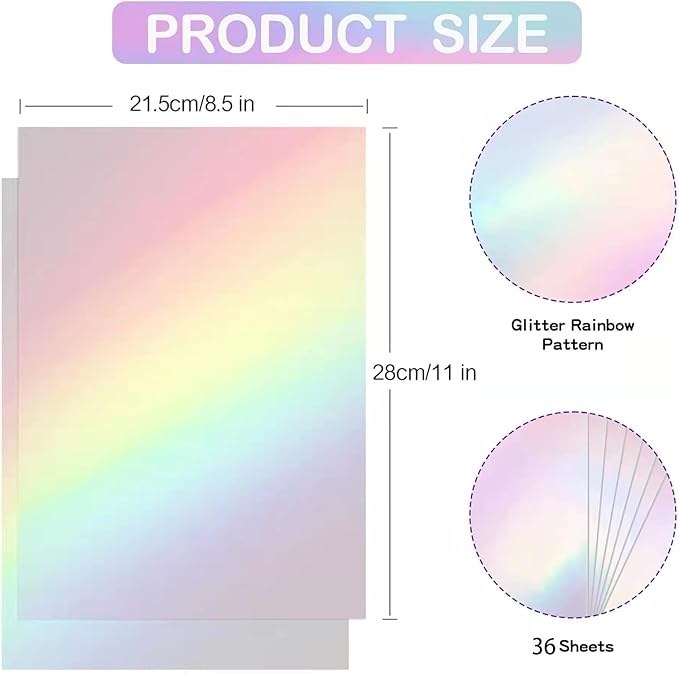 Holographic Sticker Paper, 36 Sheets Transparent Holographic Laminate Vinyl Sheets, Clear Overlay Lamination Sticker Film Self Adhesive Waterproof with Rainbow Patterns - 8.5 x 11 Inch (Laser Style)