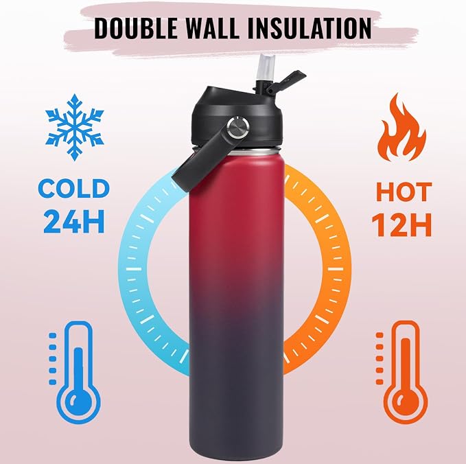 Fijinhom 24oz Insulated Stainless Steel Water Bottle, Wide Mouth Double Wall Vacuum, Silicone Straw, Sweat & Leak Proof, BPA Free Insulated Water Flask for Travel, Keep Cold 24h Hot 12h, Red