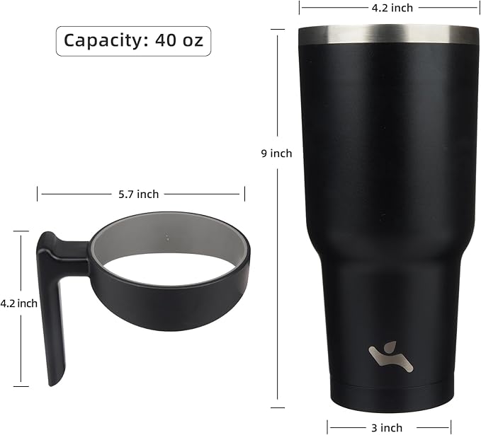 Konokyo 40 oz Tumbler with Handle and 2 Straw 2 Lid, Insulated Water Bottle Stainless Steel Vacuum Cup Reusable Travel Mug,Black