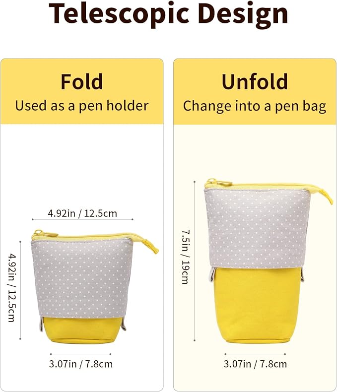 Sooez Standing Pencil Case, Cute Stand up Pencil Pouch, Telescopic Pen Pouch, Portable Pencil Holder, Cute Stand up Pencil Case, Spacious Pencil Pouch Bag for School Office Supplies Yellow