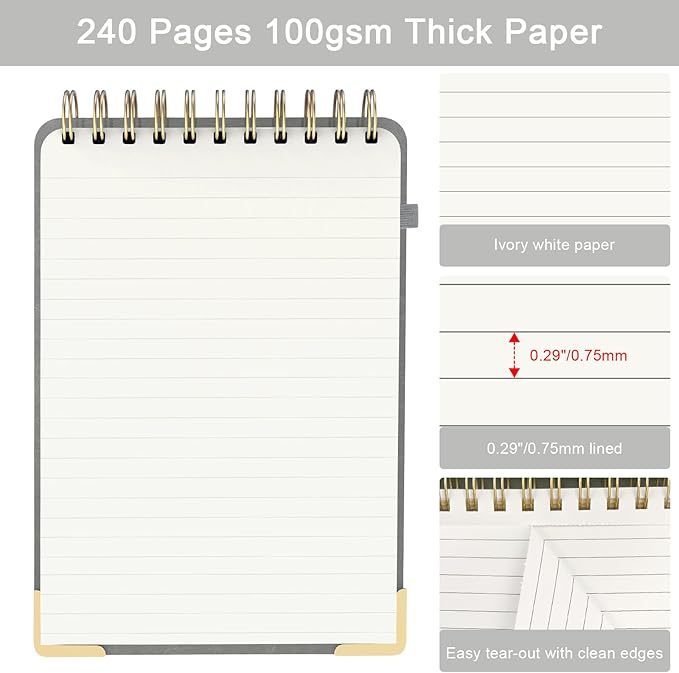 A5 Top Spiral Notebook, Large Leather Hardcover Top Bound Steno Pads, 240 Pages 100 gsm Thick Lined Paper Left Handed Notebook Journal for Work, School, Meeting Writing - Gray, 5.9" x 8.5"