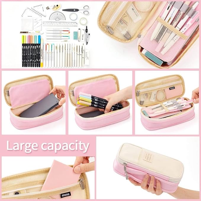 EASTHILL Big Capacity Pencil Pen Case Office College School Large Storage High Capacity Bag Pouch Holder Box Organizer Blue (Pink)