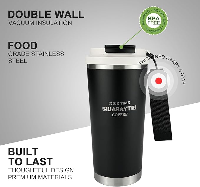 20oz Tumbler Stainless Steel Vacuum Insulated Coffee Travel Mug Reusable Iced Coffee Cup Hot Coffee Travel Mug with lid and straw Cupholder Friendly Leak-Proof BPA Free (Black)