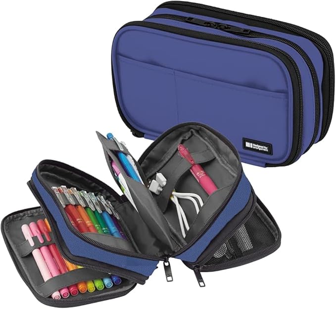 LIHIT LAB Large Capacity Triple Zipper Pencil Case For School Office College, Big Capacity 8 Compartments Pencil Bag Holder Adults Teen Boys Girls, Travel Cosmetics Storage, Blue (A7556-108)