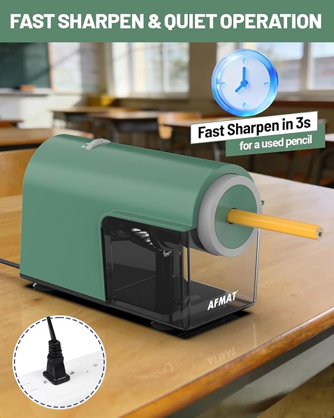 AFMAT Electric Pencil Sharpener, Fully Automatic Pencil Sharpener for 6.5-10.5mm No.2/Jumbo/Colored Pencils, Auto in & Out, 5 Sharpness Modes, 10000+ Sharpenings for Classroom Home Office, PSC5(Green)