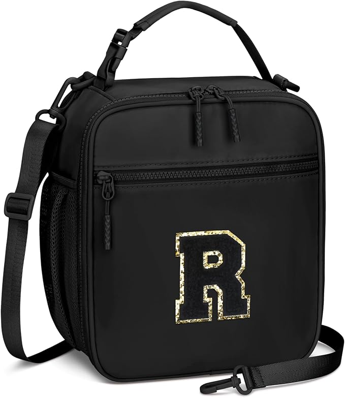 Initial Insulated Lunch Bag for Boys Kids, Back to School Gift, Reusable Leak-proof Lunch Box with Adjustable Strap for School Daycare Travel Picnic（Black，R）