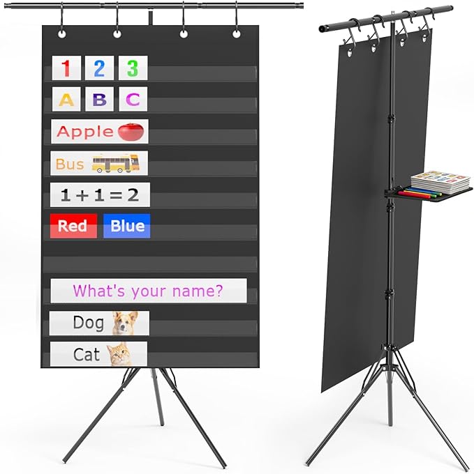 Pocket Chart Stand with Standard Pocket Chart, Height Adjustable Tripod Anchor Holder up to 62.99", 4 Anti-Drop S-Hooks, Teacher Supply Tray for Classroom & Homeschool