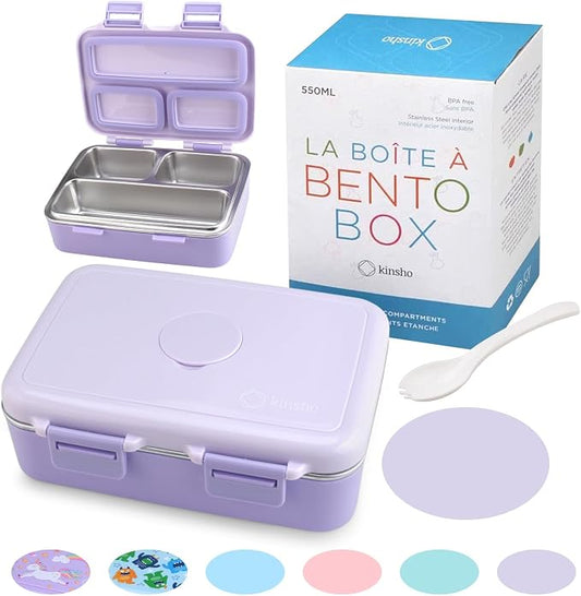 kinsho Small Stainless Steel Bento Box Lunch Container Baby Toddlers Purple | Mini Lunchbox, 3 Eco Metal Portion Sections, Leakproof Lid, Spill-Proof, 18 oz Girls Kids Snack Container Pre School Daycare