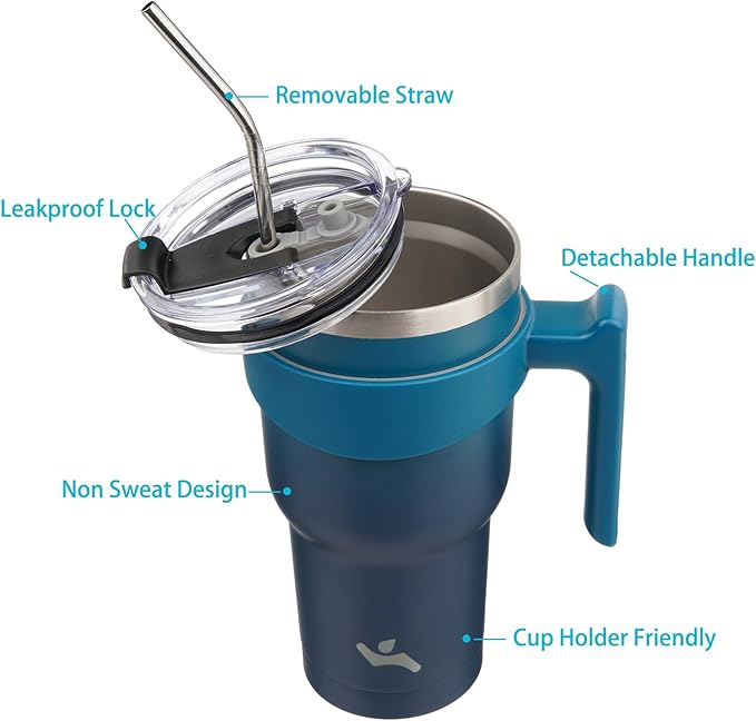 Konokyo 30 oz Tumbler with Handle and 2 Straw 2 Lid, Insulated Water Bottle Stainless Steel Vacuum Cup Reusable Travel Mug,Indigo Black
