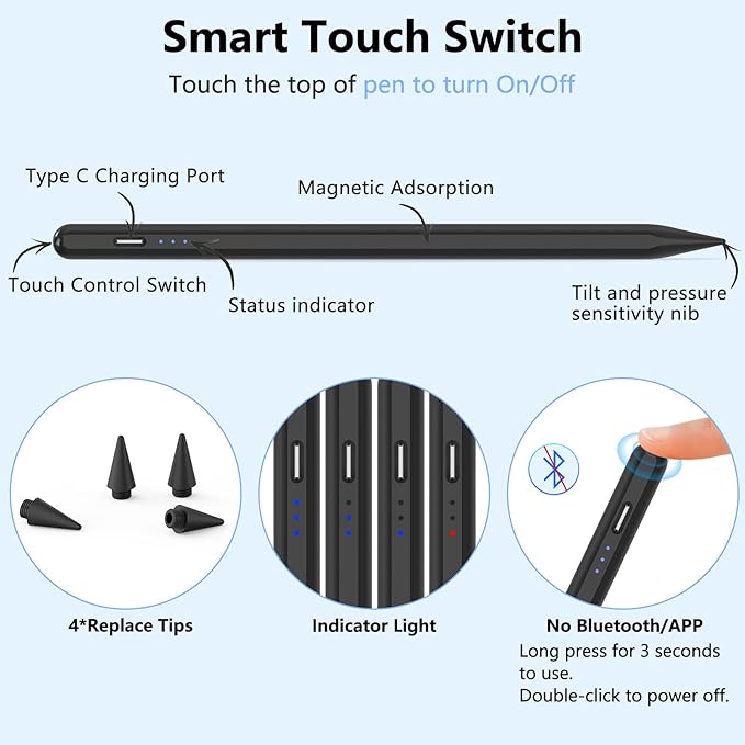 Stylus Pen for iPad 2018-2025 with Palm Rejection, Active Pencil for iPad 10th/9th/8th/7th/6th Generation, for iPad Pro 11/12.9 inch, for iPad Air 5th/4th/3th Gen, for iPad Mini 6th/5th Gen (Black)