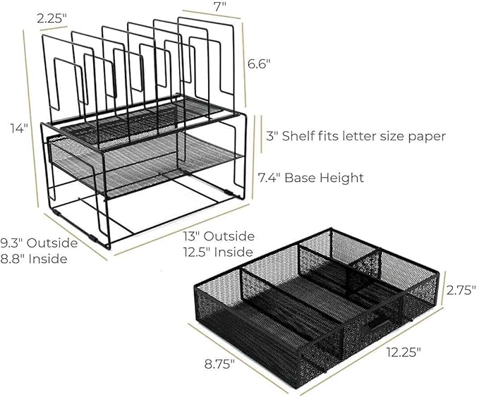 BLU MONACO | Black Wire Mesh Desk Organizer with Drawer | Desk Associates Women Office Set | File Sorters and Mesh Pen Holders Desktop Storage System