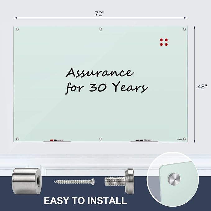 Magnetic Glass Whiteboard, 72 x 48 Inches Glass Dry Erase Board Large White Board for Wall, 6x4 Feet Frameless Whiteboard for Office School Home Classroom