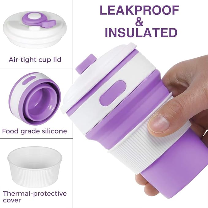 Fullgaden Silicone Collapsible Travel Cup,Portable Drinking Mug with Lid, Water, Coffee, Coca Cola and Snacks for Hiking, Camping, Picnic, Purple