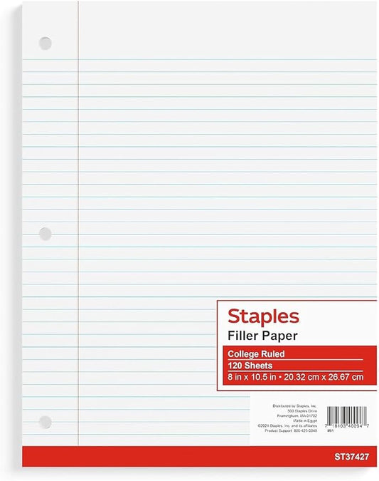 STAPLES College Ruled Filler Paper, 8” x 10.5”, White, 360/Carton
