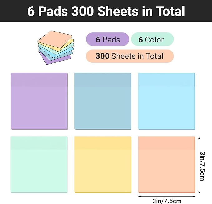 EUSOAR Clear Sticky Notes, 300 Sheets 3x3 Inch Transparent Markers Sticky Note Pads Morandi 6 Colors, See-Through Adhesive Note Memo Reminder Tabs Bible Page Flags Stickers for Book Annotation