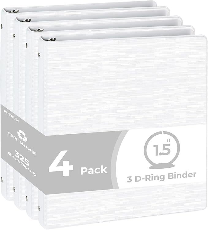 POPRUN 3 Ring Binder 1.5 Inch, PVC-Free, Holds 325 Sheets of 8.5 x 11 Paper, Extra Durable Organizer with 2 Pockets for School & Office, Heavy-Duty, 4 Pack, White