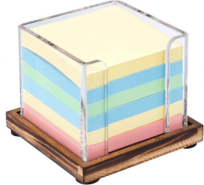 MyGift Acrylic Sticky Note Holder Dispenser with Removable Rustic Burnt Solid Wood Tray, 3-Inch Square Office Desktop Self-Stick Memo Pad Storage Cube