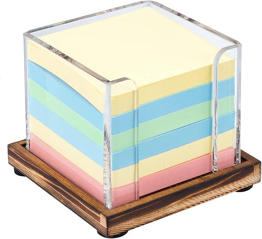 MyGift Acrylic Sticky Note Holder Dispenser with Removable Rustic Burnt Solid Wood Tray, 3-Inch Square Office Desktop Self-Stick Memo Pad Storage Cube