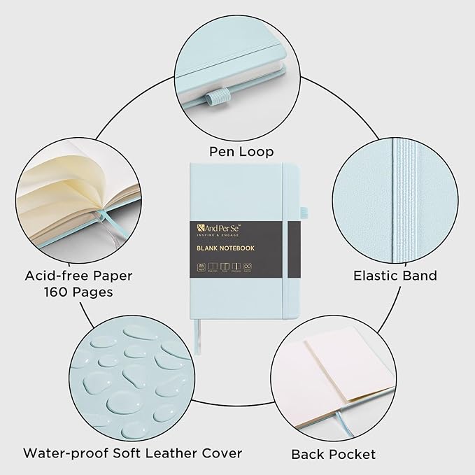 &And Per Se Blank Sketch Notebook, A5 Hardcover, 160 Pages 100gsm Thick Paper, Unlined Journal for Drawing, Doodling, Hand Lettering – Creative Gift for Artists, Designers, Writers (Cyan)