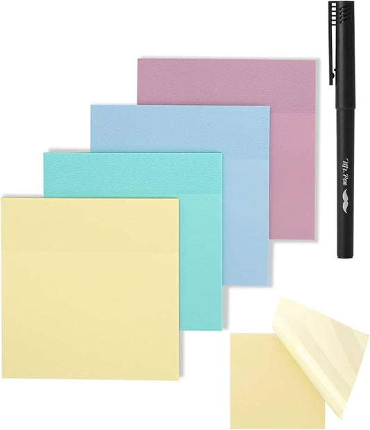 Mr. Pen- Transparent Sticky Notes, 3" x 3", 4 Pads, 200 Sheets, Morandi Colors, See Through Self-Adhesive Notes with Fineliner for Bible Journaling and Studying, Water-Resistant, Clean Removal