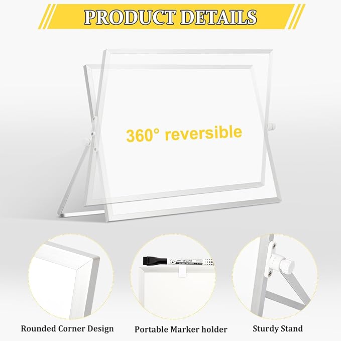Dry Erase Magnetic White Board, 16" x 12" Double-Sided Desktop Whiteboard with Stand, Portable Small Whiteboard Set for Drawing, Office, Home
