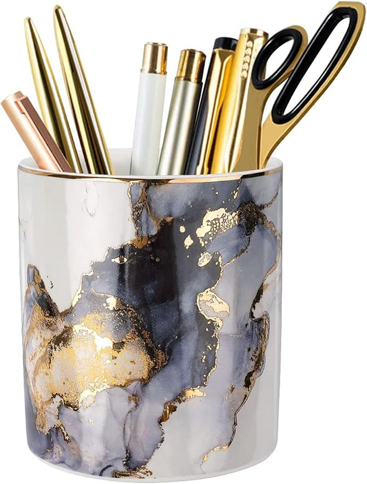 Marble Pencil Holder, Durable Ceramic Desk Organizer Office Supplies,Desktop Stationary Organizer,Multi-Functional Pencil Storage for Desktop Accessories,Office,Classroom,Home,Gray Gold