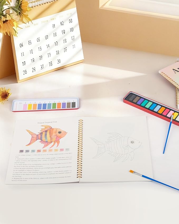 Beginner Watercolor Painting Kit, 12 Colors & 3 Brush with Multi-Theme Painting Set, Outline Art Supplies for Teens Adults (Flower)，10.23 * 8.26in.