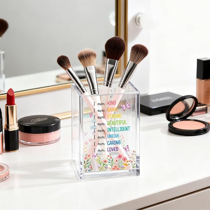 I Am Kind Acrylic Cosmetic Organizer Pen Holder, Inspirational Acrylic Desk Holder Cup for Pen Pencil, Affirmations Desk Organizer for Daughter, Mental Health Gifts for Women Office Worker