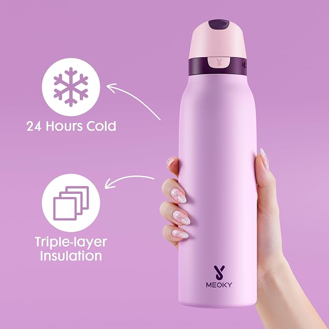 Meoky 24 oz Stainless Steel Slim Water Bottle: 2-in-1 Locking Lid, Lavender | Leak Proof, Straw and Spout, 24 Hours Cold, Top Handle, BPA Free, Insulated Water Bottle for Women Sports Travel Gym