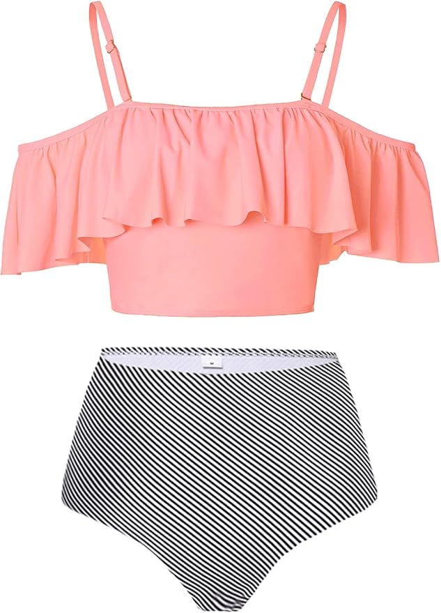 Kaei&Shi High Waisted Flounce Bikini Set,Tummy Control Swimsuits for Women,Off Shoulder
